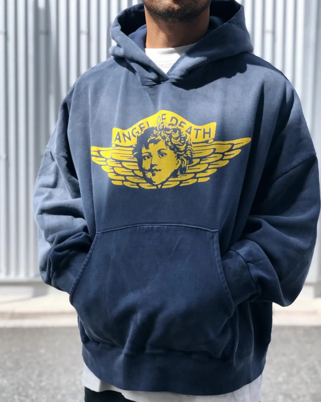 SAINT M×××××× ANGEL HOODIE/NAVY Angel Reborn Blue Hoodie Washed Blue S-XL Assute Garment Dyeing Full Clothes Water Fading Mud Dyeing Dirty Distress New Vintage Ceiling God Tailoring Original Super Loose Fit Customized Original Accessories God-level Print Restoration